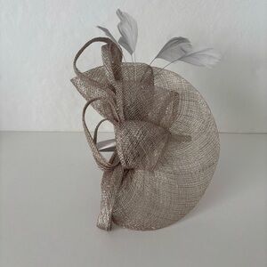 Tan Fascinator Hat with Feather Embellishments